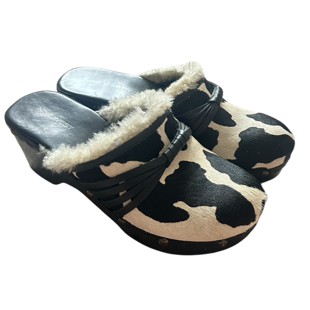 Nine West Cow Print Clogs | Shearling Lined Mules | Size 9
